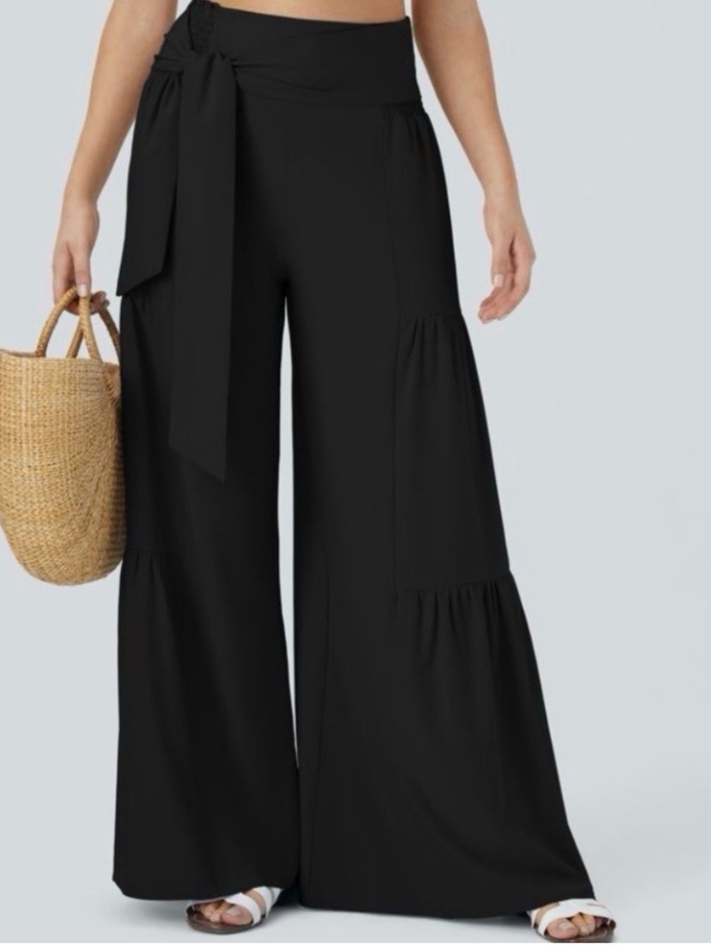 Breezeful HighWaisted Shirred Tie Front & Back Wide Leg Flowy Quick Dry Sz L NWT